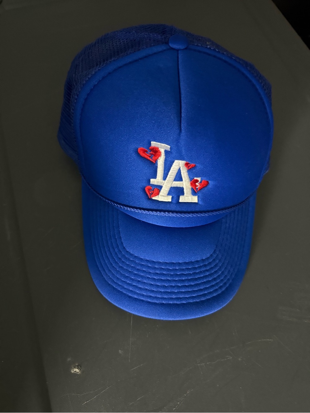 Blue LA Logo Trucker Hat with Broken Hearts